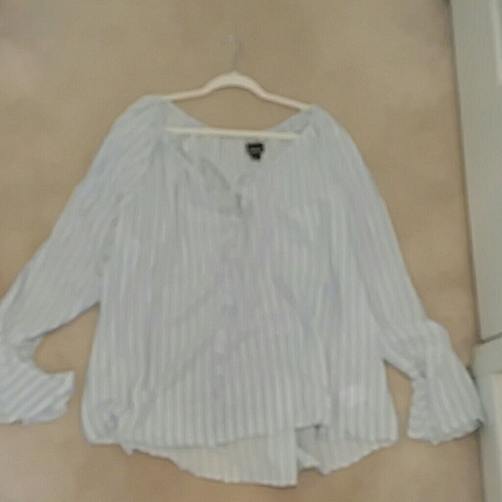 Blue and white striped long bell sleeve blouse